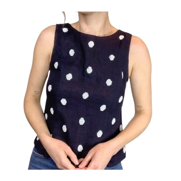 Anthropologie Odille Blue Beaded Polka Dot Sleeveless Linen Top Size 0  (2350) - Picture 1 of 7